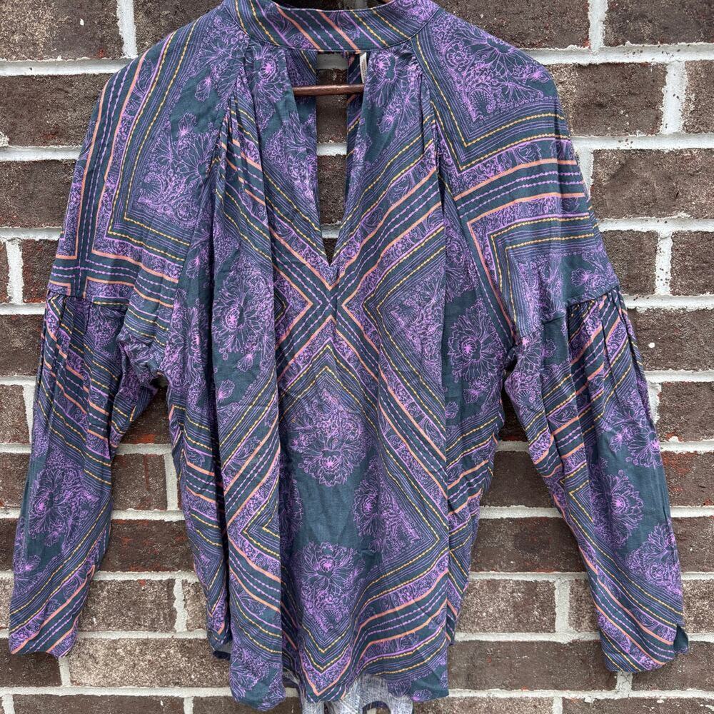 Free People Boho Keyhole Blouse Purple Striped Floral Peasant Top Festival Style